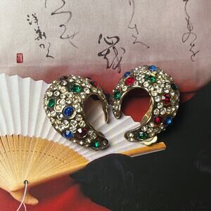 Vintage Bejeweled Gold Tone Red Green Blue Rhinestone Half Moon Earrings